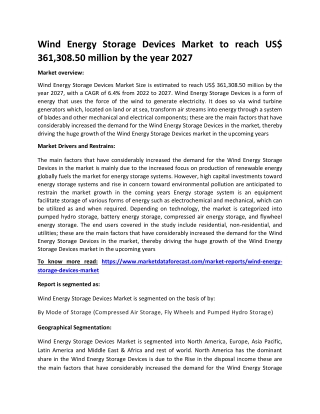 Wind Energy Storage Devices Market to reach US$ 361,308.50 million by the year 2
