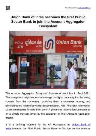 Union Bank of India becomes the first Public Sector Bank to join the Account Aggregator Ecosystem