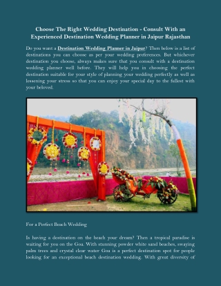 Choose The Right Wedding Destination - Consult With an Experienced Destination Wedding Planner in Jaipur Rajasthan