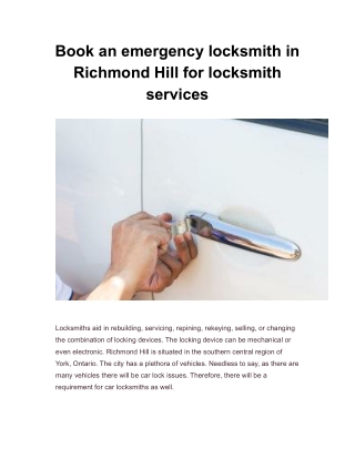 Book an emergency locksmith in Richmond Hill for locksmith services