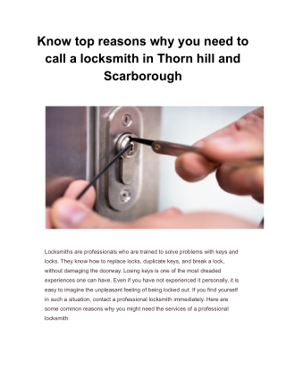 Know top reasons why you need to call a locksmith in Thorn hill and Scarborough