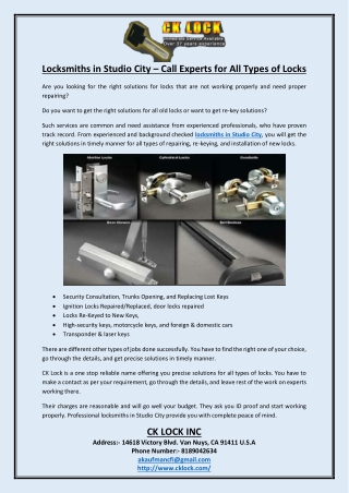 Locksmiths in Studio City Call Experts for All Types of Locks