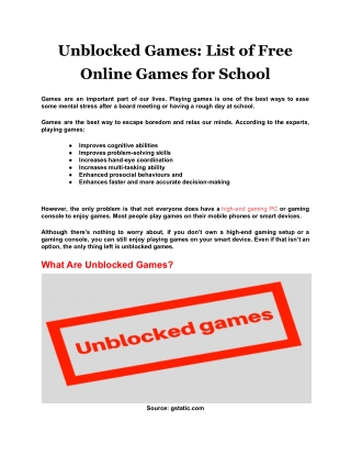 Unblocked Games: List of Free Online Games for School