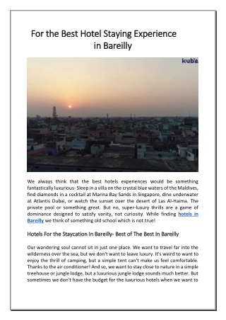 For the Best Hotel Staying Experience in Bareilly