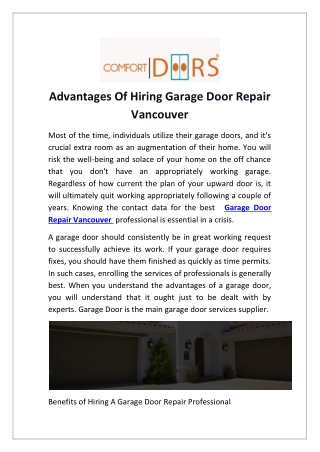 Advantages Of Hiring Garage Door Repair Vancouver