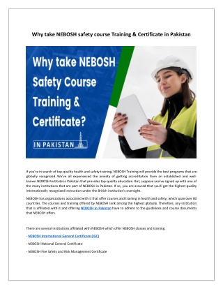 Why take NEBOSH safety course Training & Certificate in Pakistan