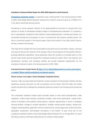 Anisakiasis Treatment Market Report for 2022-2029 Explored in Latest Research