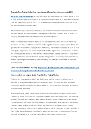Thrombin Time Testing Market New Innovations and Technology Advancements to 2028