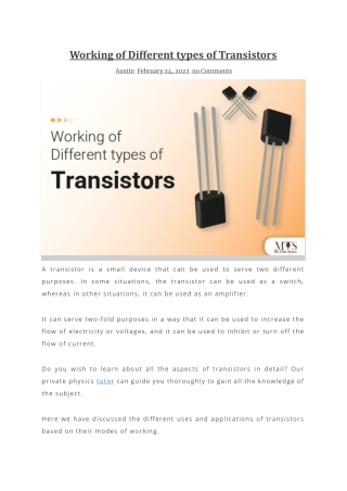 Working of Different types of Transistors