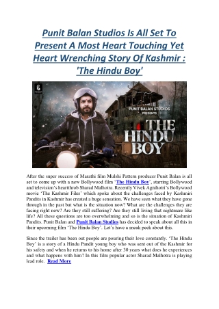 Punit Balan Studios Is All Set To Present A Most Heart Touching Yet Heart Wrenching Story Of Kashmir  'The Hindu Boy'