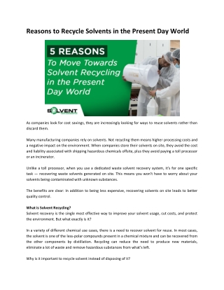 Reasons to Recycle Solvents in the Present Day World