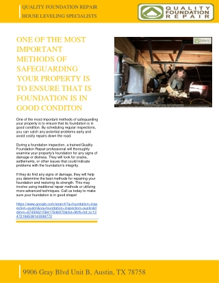 QUALITY FOUNDATION REPAIR - ONE OF THE MOST IMPORTANT METHODS OF SAFEGUARDING YOUR PROPERTY IS TO ENSURE THAT IS FOUNDAT