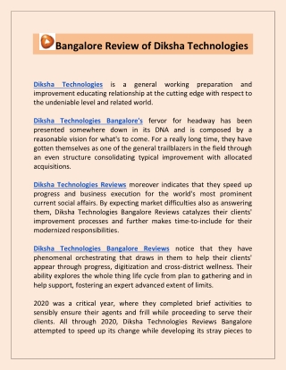 Bangalore Review of Diksha Technologies