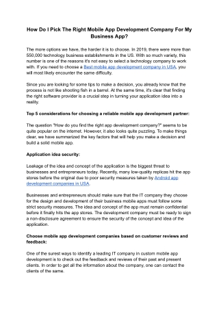 How Do I pick The Right Mobile App Development Company For My Business App