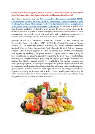 Global Smart Food Logistics Market Analysis 2021-2031: Ken Research