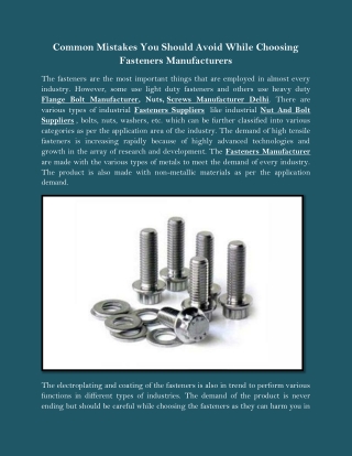 Common Mistakes You Should Avoid While Choosing Fasteners Manufacturers