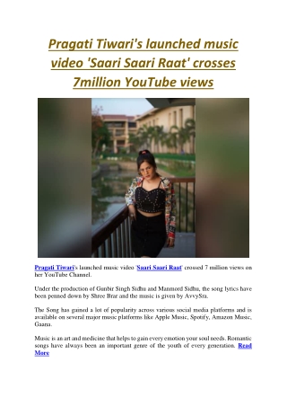 Pragati Tiwari's launched music video 'Saari Saari Raat' crosses 7million YouTube views