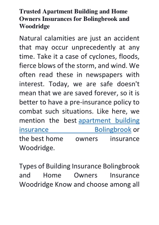 Apartment Building and Home Owners Insurances for Bolingbrook and Woodridge