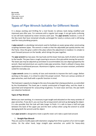 Types of Pipe Wrench Suitable for Different Needs