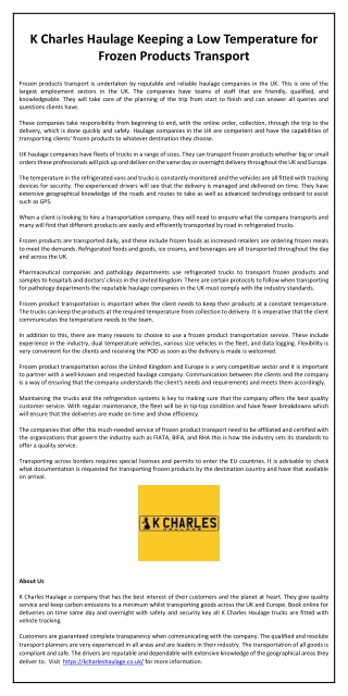 K Charles Haulage Keeping a Low Temperature for Frozen Products Transport