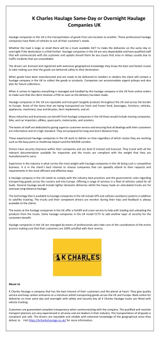 K Charles Haulage Same-Day or Overnight Haulage Companies UK