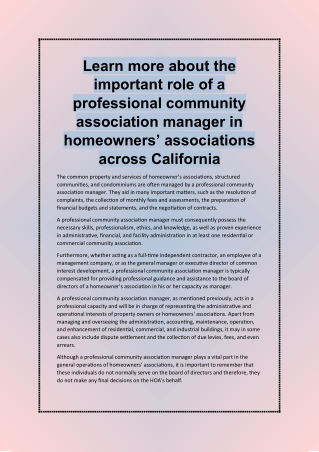 Learn more about the important role of a professional community association manager in homeowners’ associations across C