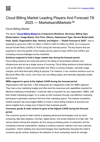 Cloud Billing Market Leading Players And Forecast Till 2025 — MarketsandMarkets™