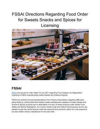 FSSAI Directions Regarding Food Order for Sweets Snacks and Spices for Licensing