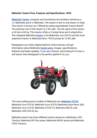 Mahindra Tractor Price, Features and Specifications- 2022