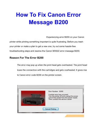 How To Resolve The Canon MX922 Error Message B200?