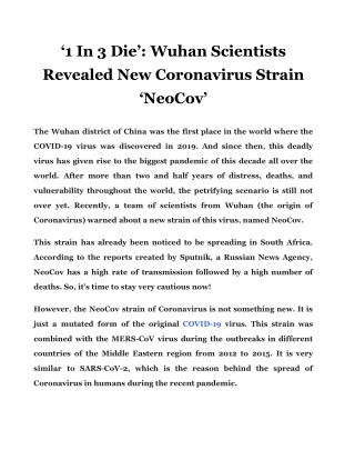 ‘1 In 3 Die’: Wuhan Scientists Revealed New Coronavirus Strain ‘NeoCov’