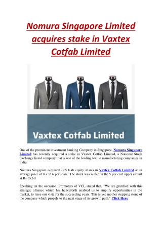 Nomura Singapore Limited acquires stake in Vaxtex Cotfab Limited