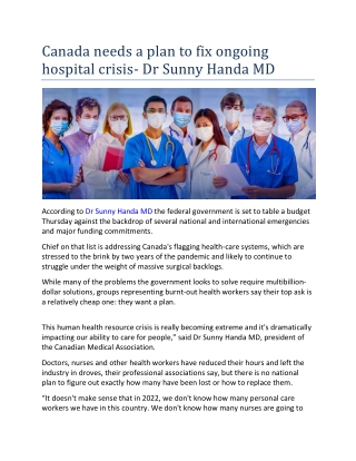 Canada needs a plan to fix ongoing hospital crisis- Dr Sunny Handa MD
