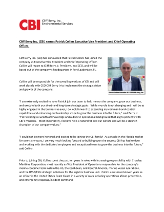 Cliff Berry Inc. (CBI) names Patrick Collins Executive Vice President and Chief Operating Officer
