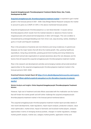 Acquired Amegakaryocytic Thrombocytopenia Treatment Market Share, Size, Trends, Development by 2028