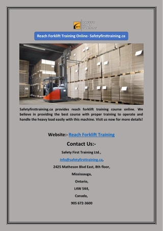 Reach Forklift Training Online- Safetyfirsttraining.ca