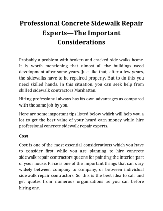 Professional Concrete Sidewalk Repair Experts—The Important Considerations