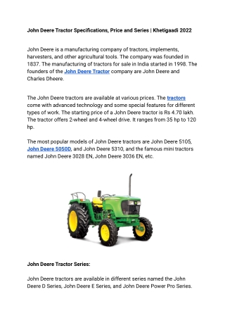 John Deere Tractor Specifications, Price and Series | Khetigaadi 2022