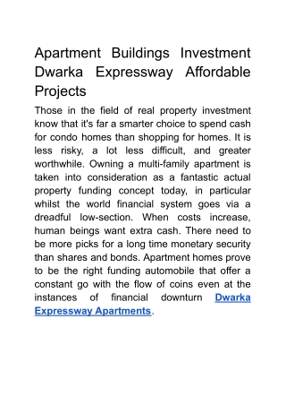 Apartment Buildings Investment Dwarka Expressway Affordable Projects