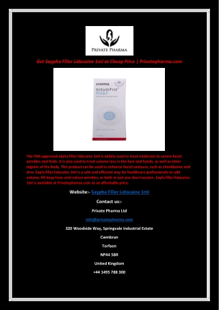 Get Saypha Filler Lidocaine 1ml at Cheap Price | Privatepharma.com