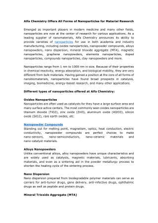 Alfa Chemistry Offers All Forms of Nanoparticles for Material Research