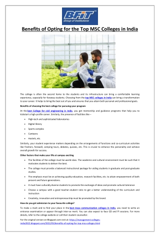Benefits of Opting for the Top MSC Colleges in India