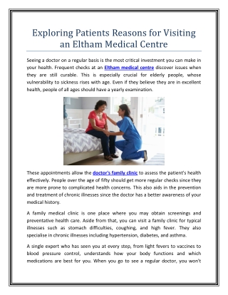 Exploring Patients Reasons for Visiting an Eltham Medical Centre