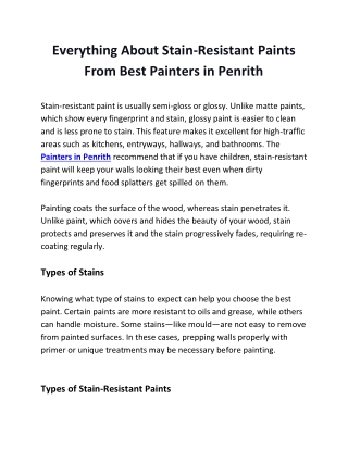 Everything About Stain-Resistant Paints From Best Painters in Penrith