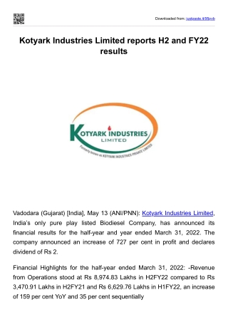 Kotyark Industries Limited reports H2 and FY22 results