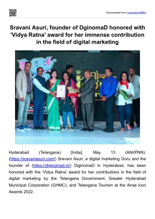 Sravani Asuri, founder of DginomaD honored with 'Vidya Ratna' award for her immense contribution in the field of digital
