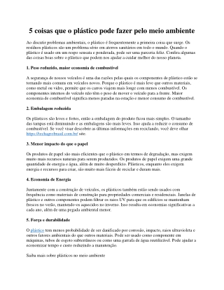 Cinco coisas boas sobre o plástico que ajudam o meio ambiente