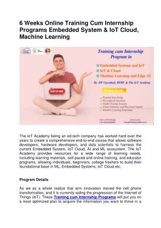 Online Training Cum Internship Programs Embedded System & IoT Cloud, ML