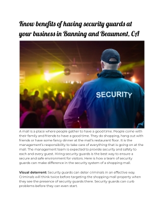 Know benefits of having security guards at your business in Banning and Beaumont, CA