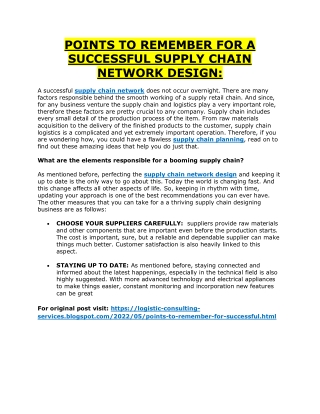 POINTS TO REMEMBER FOR A SUCCESSFUL SUPPLY CHAIN NETWORK DESIGN: